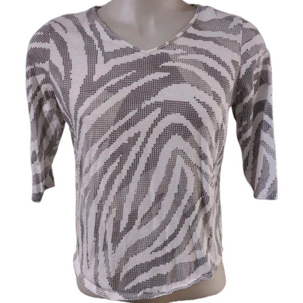 Chico's Shirt Women's Size 2 Pullover 3/4 Sleeves V-Neck White With Gray Stripes